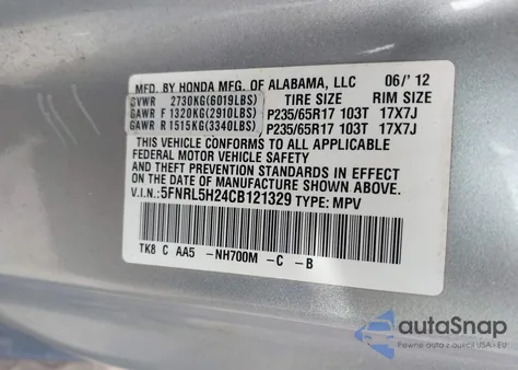 2012 Honda Odyssey Lx из США, поврежденный, VIN 5FNRL5H24CB121329